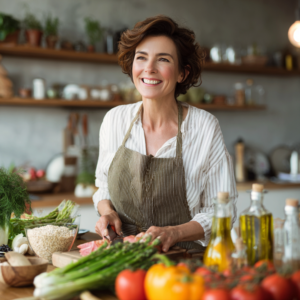 Smiling middle-aged Ukrainian woman preparing healthy meal with fresh vegetables and grains in modern kitchen, looking energetic and satisfied