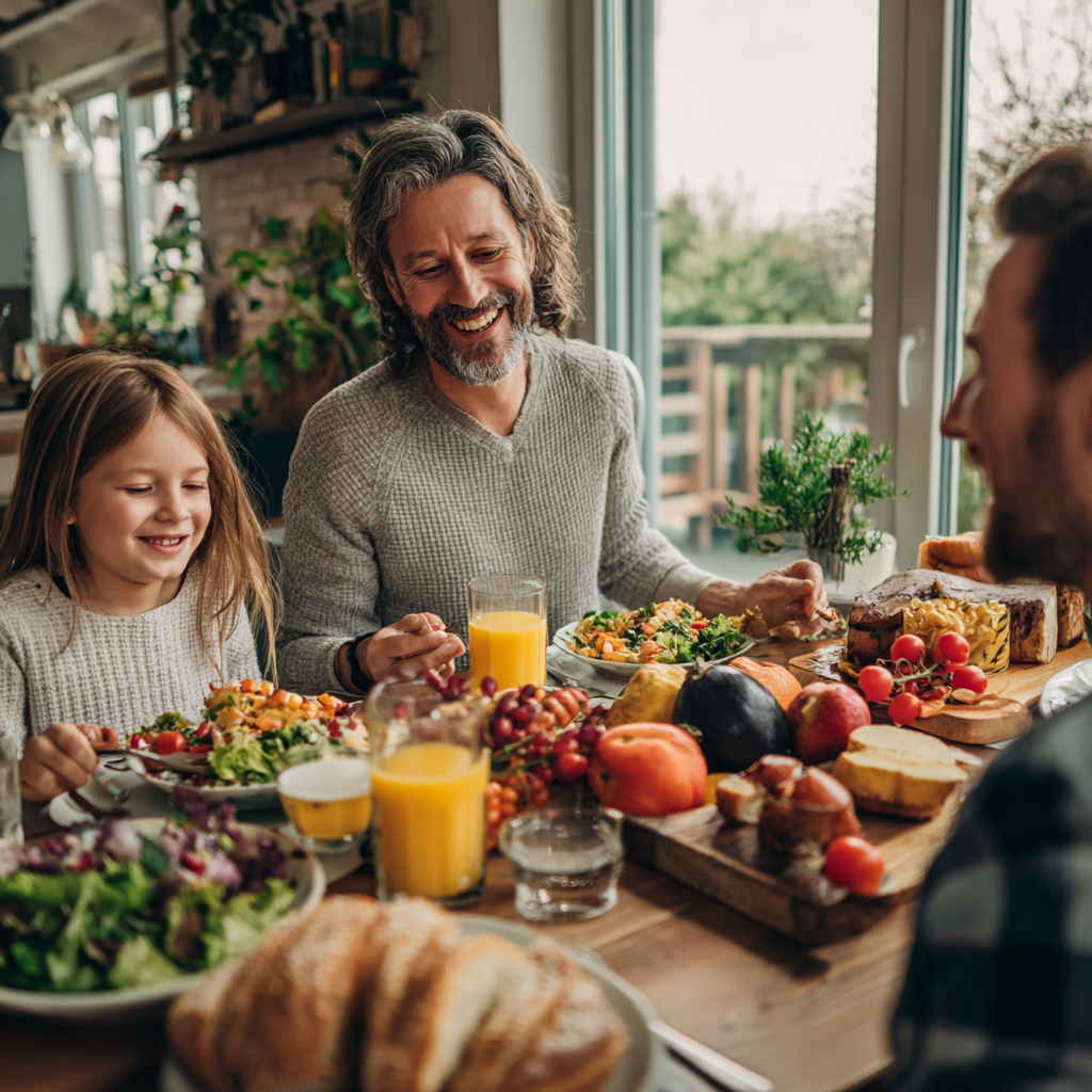 Professional Ukrainian office worker in their forties eating healthy lunch at workplace, looking energetic and focused
