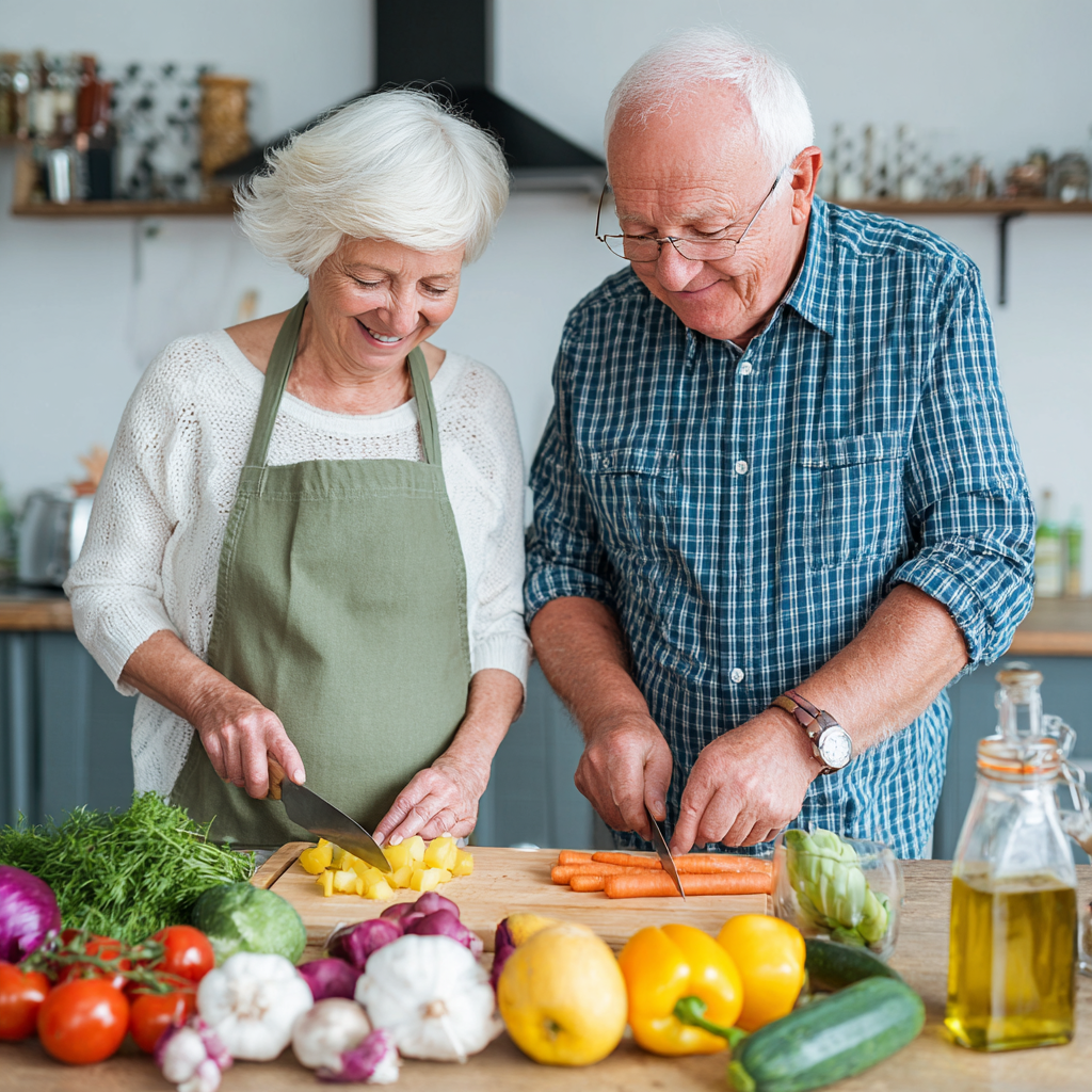 Healthy elderly Ukrainian couple cooking together with fresh vegetables and whole grains, showing vitality and happiness in kitchen setting